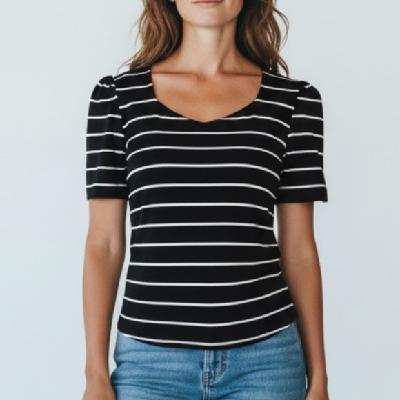 Worthington Tops - Worthington Petite Black White Striped Sweetheart Neck Puff Sleeve Top PM